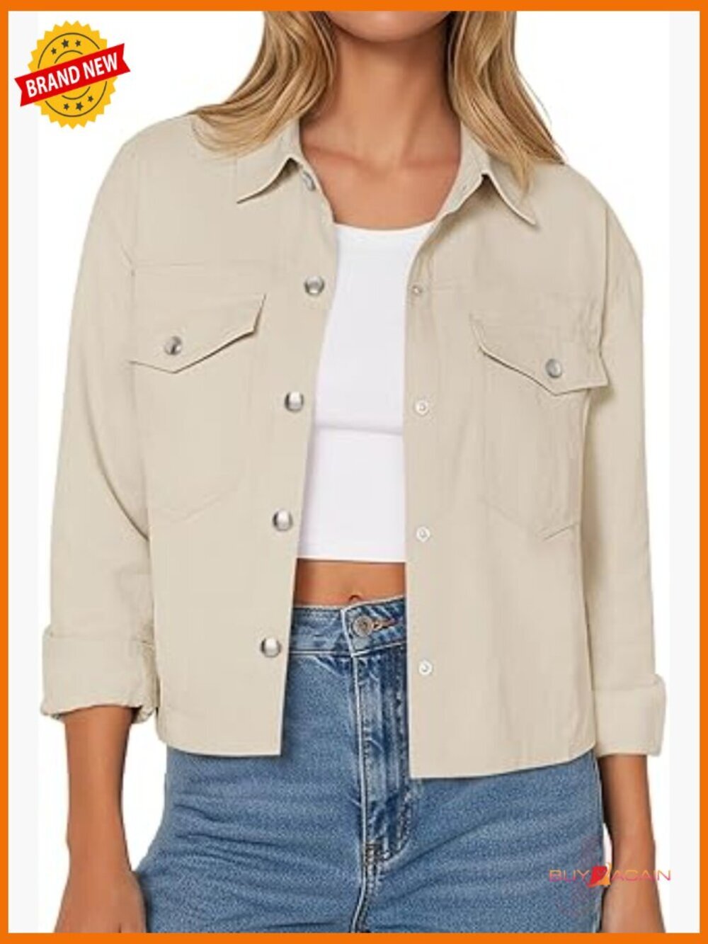 Cropped Button Down Shacket with Pockets - Casual Jacket
